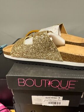 Corkys Gold Glitter Slide Sandals